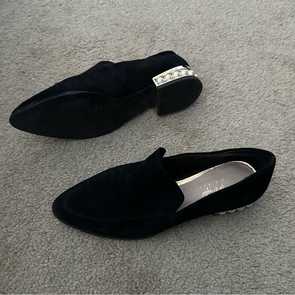 Black Suede Loafers with Pearl Detail